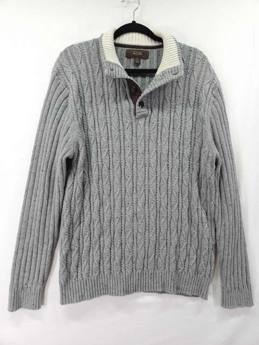 Tasso Elba Men's XL Cable-Knit Mock Neck Henley Pullover Cotton Sweater Gray